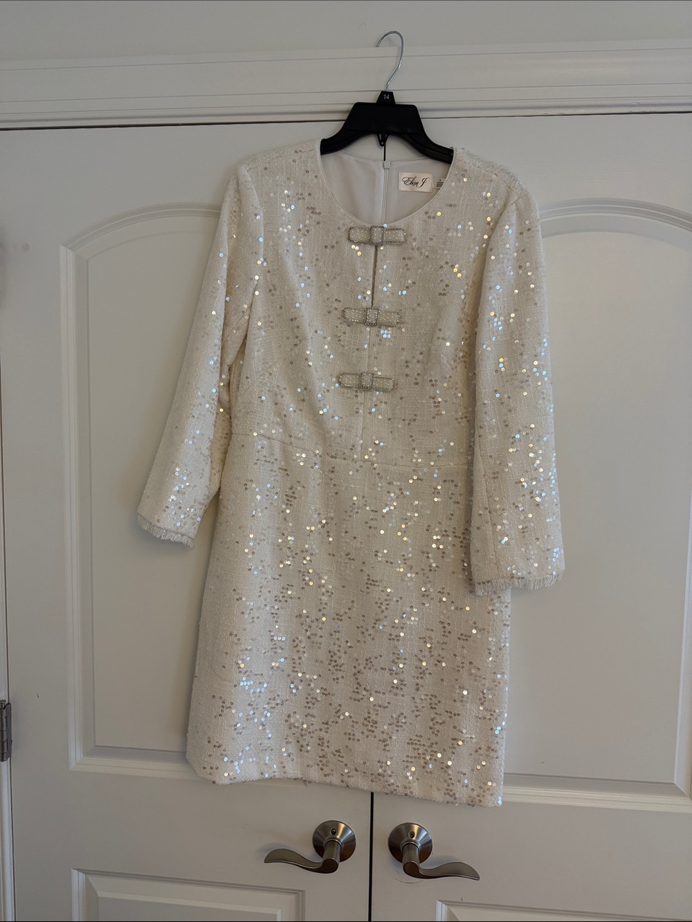 Eliza J  Ivory Sequin Shift Dress with Decorative Front Closures